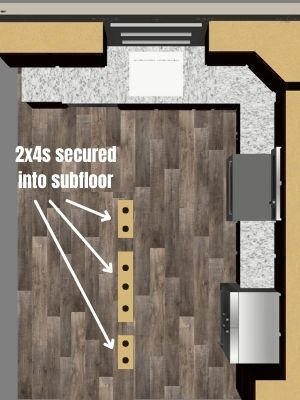 how to make a kitchen island out of base cabinets secure the 2x4 supports into the subfloor